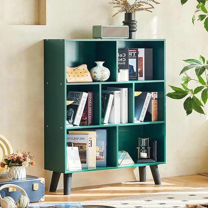 LEYAOYAO Cube Bookshelf 3 Tier Mid-Century Dark Green Modern Bookcase - Image 8