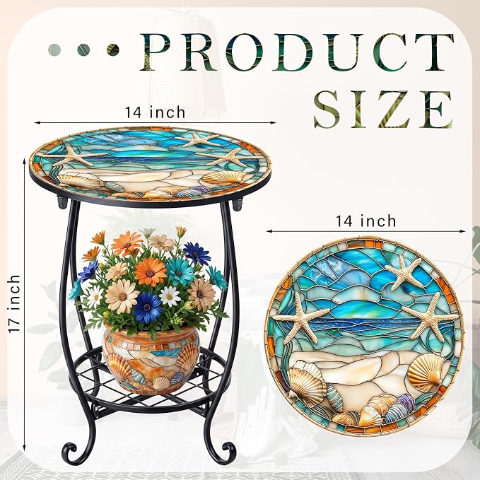 Cinnvoice Outdoor Side Table Round Small Mosaic Patio Accent Indoor End Plant - Image 3