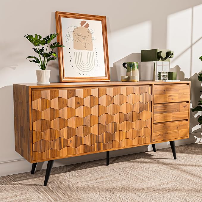 Bme Sideboard Georgina Solid Wood 2 Doors & 3 Drawers, Living Room, Teak Brown by Bme