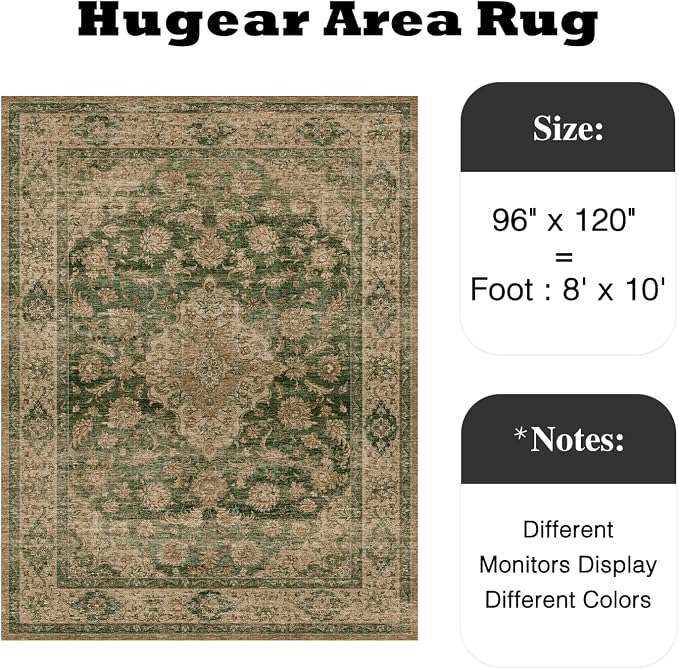 8x10 Green Retro Floral Washable Area Rug - Image 2