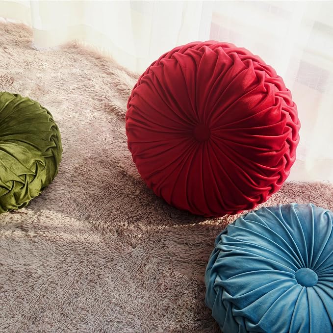 HIG Set of 2 Dusty Blue Velvet Decorative Round Pleated Throw Pillows | Vintage - Image 5