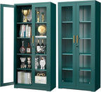 Polup Curio Cabinets with Glass Doors, Tall Bookcase with Adjustable Shelves by POLUP