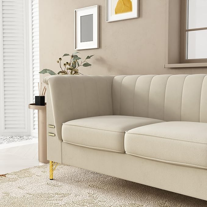 83.46" W Beige Velvet Sofa Couch - Image 5