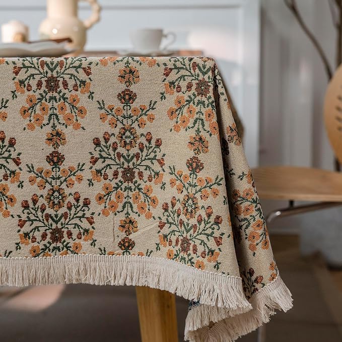 VClife Beige Floral Print Table Cloth, Linen Texture Tablecloth - Image 6