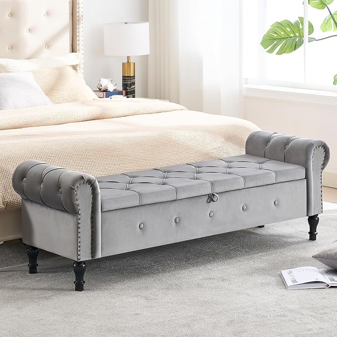 Storage Bench for Bedroom, Velvet 67" End of Bed Bench, King Size Benches by HOMYKA
