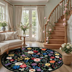 PLHXFR Round Area Rug Living Room: 8 ft Floral Washable Soft Carpet Black | - Image 5