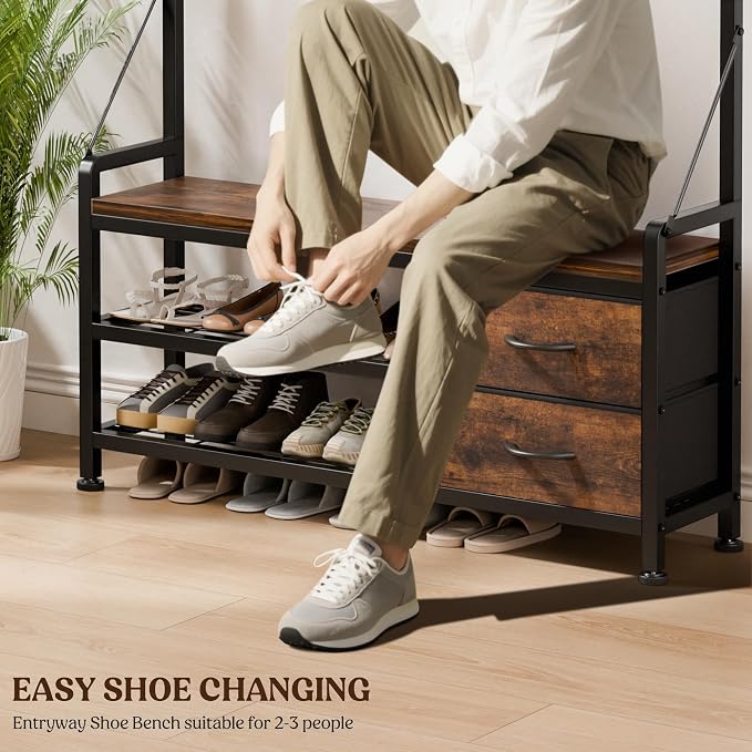 Lulive Hall Tree with Bench and Shoe Storage, 39.4” Entryway Bench with Coat - Image 8