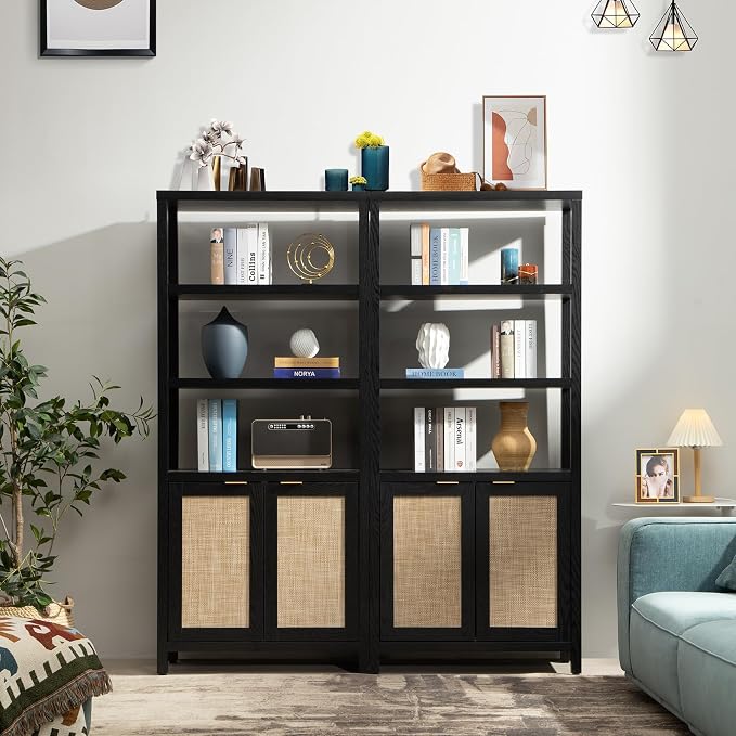 SICOTAS Bookshelf 5 Tier Book Shelf Rattan Boho 71" Tall Bookcase - Image 2