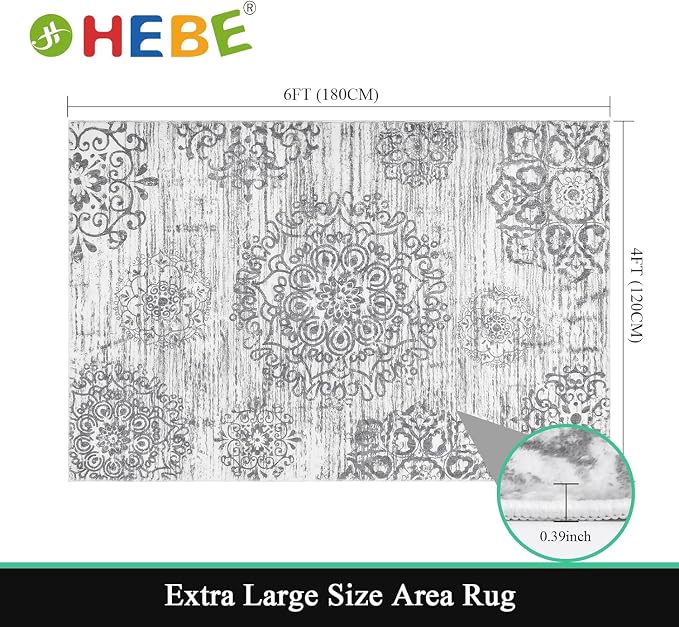 HEBE Area Rug for Living Room 4'x6', Washable Non Slip Boho Bedroom Rug | Large - Image 2