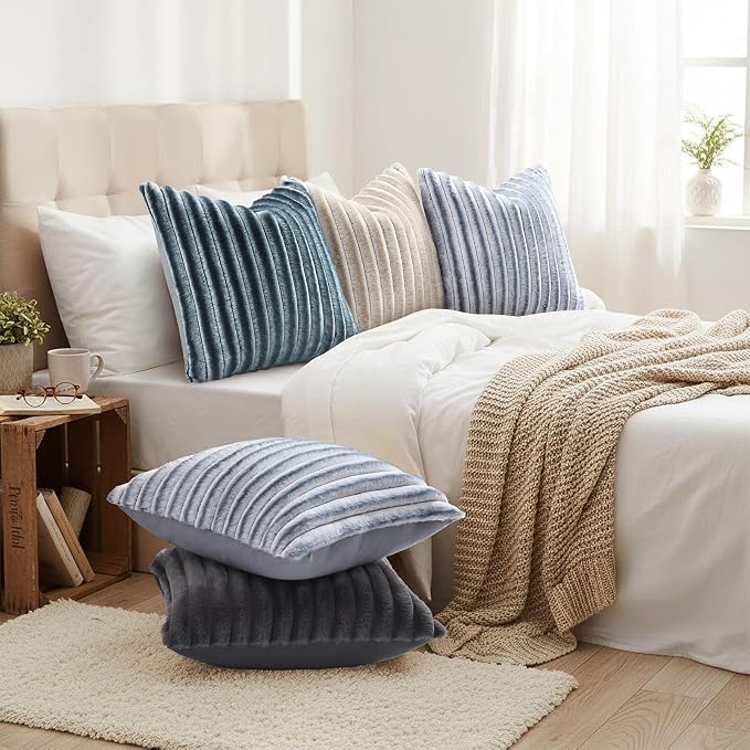 decorUhome Fall Faux Fur Throw Pillow Covers 26x26 Set of 2 Grey White | - Image 6