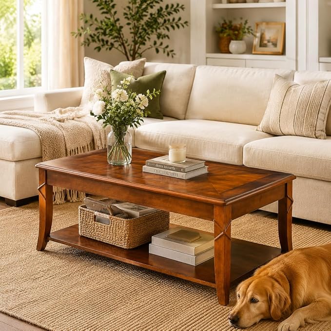 Solid Wood Coffee Table with Storage Shelf, Mid Century Modern Rectangle Coffee - Image 4