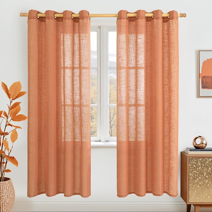 Burnt Orange Sheer Linen Curtains 80 inch Length, Light Filtering Linen Boho by LAMIT