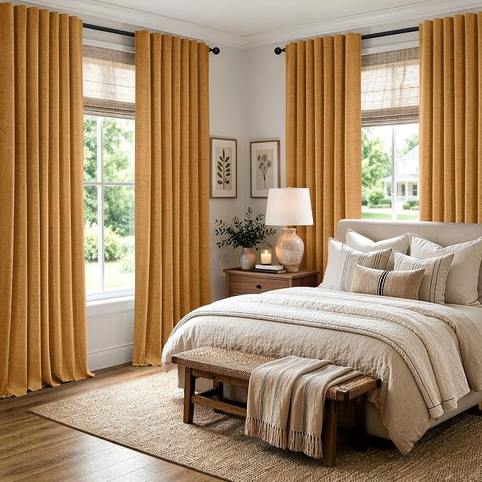MIULEE Fall 100% Blackout Linen Curtains 42" x 72" Mustard Yellow 2 Panels | - Image 8