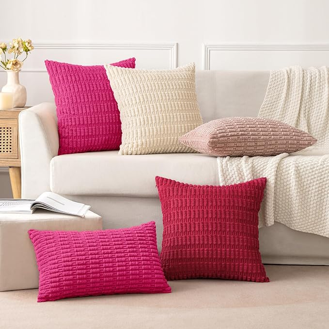 MIULEE Corduroy Decorative Throw Pillow Covers 18x18 Hot Pink Pack of 2 | Soft - Image 5