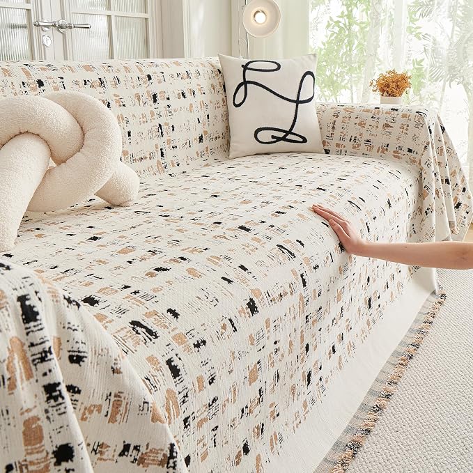 DREAMINGO Abstract Chenille Couch Cover Blanket Beige Khaki Black Boho Sofa - Image 3