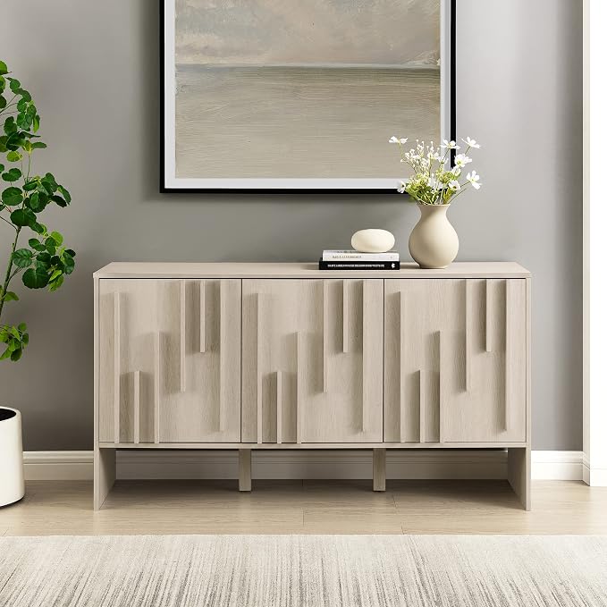 Walker Edison Contemporary Detailed 3-Door Sideboard 55 Inch Ivory Oak - Image 4