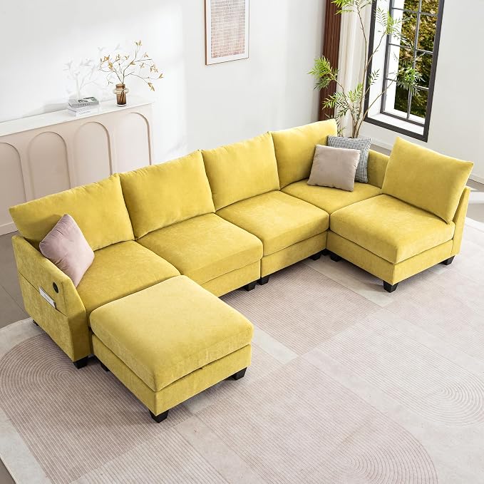 124" Modular Sectional Sofa, Modern Linen U-Shaped 6 Seater Sectional Sofa - Image 8