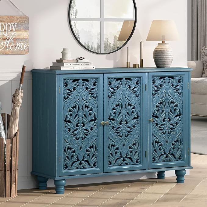 JOINICE Accent Cabinet with 3 Carved Doors, Distressed Blue Sideboard Buffet - Image 7