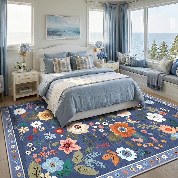 RELEANY Floral Washable 6x9 Area Rugs Blue/Grey | Flower Carpet Print Boho Cute - Image 8