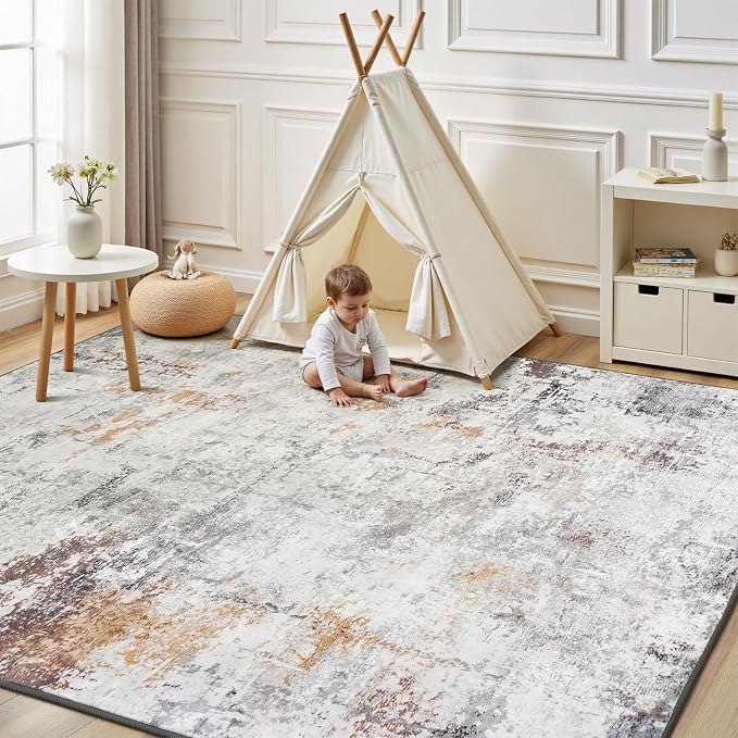 Rugflix 5x7 Area Rugs for Living Room, Washable Beige Grey Large Rug | Machine - Image 8