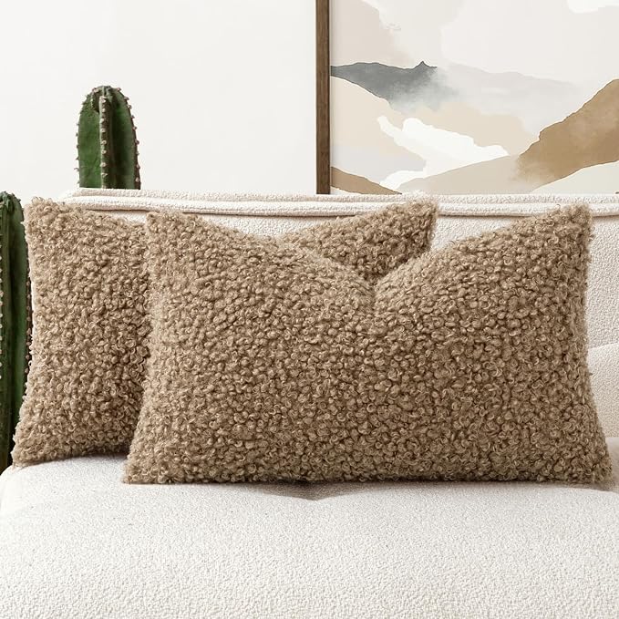 Faux Fur Throw Pillow Covers 20x12 Inch Set of 2 Boucle Neutral Decorative by Woaboy