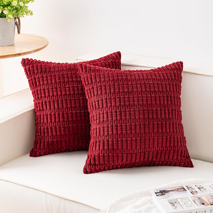 Pack of 2 Corduroy Decorative Throw Pillow Covers 22x22 Inch, Wine Red | Fall by Unknown