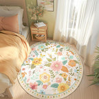 RELEANY Floral Washable Round 4ft Area Rug Beige/White/Orange | Flower Carpet - Image 2