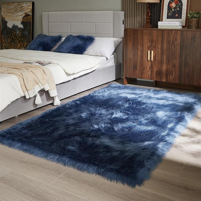 AMTOVO Faux Fur Sheepskin Rug for Living Room, 4 x 6 ft Dark Blue Fluffy Area - Image 5