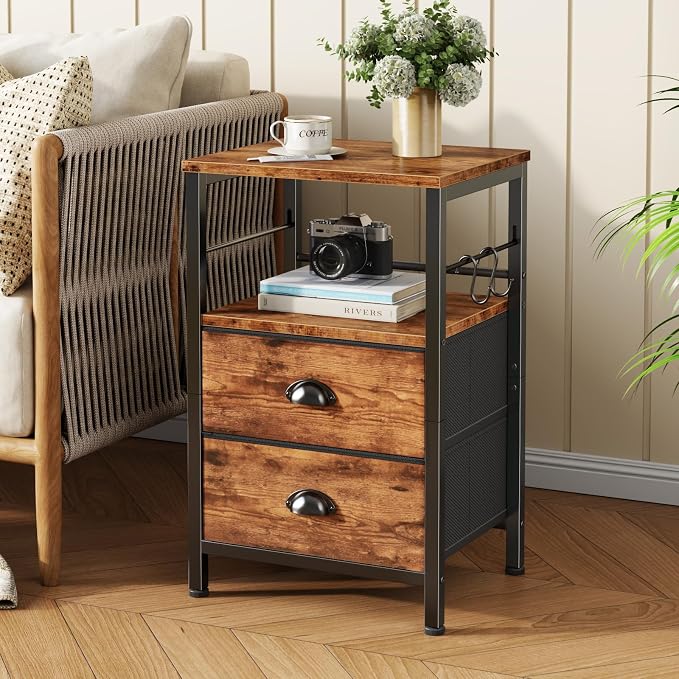 Furologee Nightstand with 2 Fabric Drawers, Night Stand with 2-Tier Shelf - Image 2