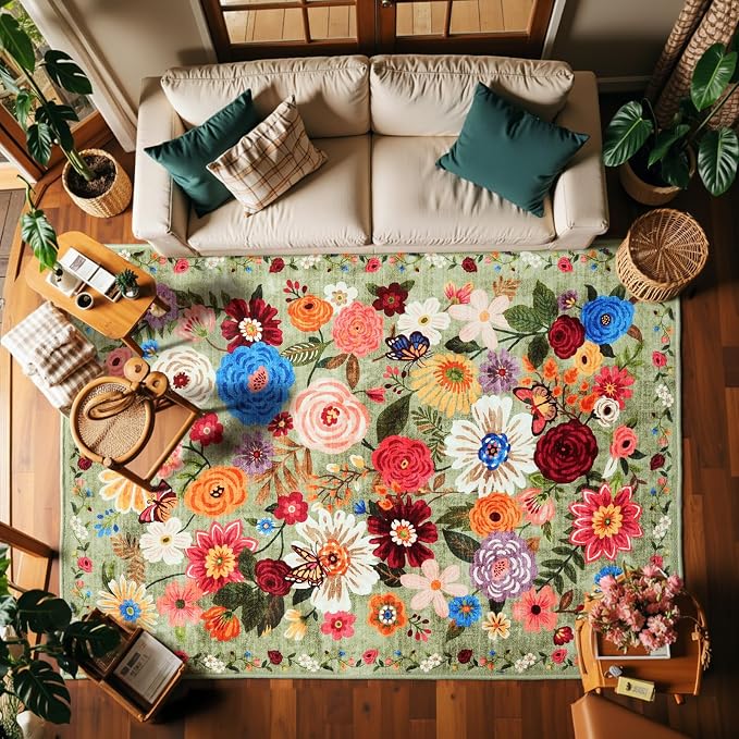 Green Floral Washable Area Rug 6x9 by WelcometoBabovid