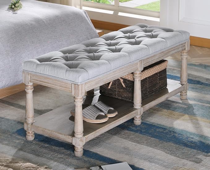 Farmhouse Storage Bench Wooden Entryway Upholstered Tufted Ottoman Bench - Image 8