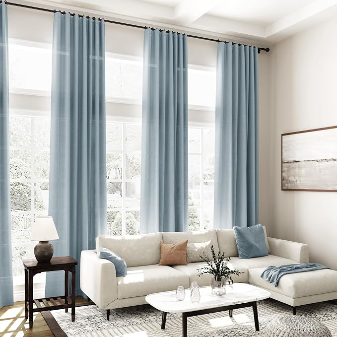 Light Blue Linen Curtains for Living Room Bedroom 100 Inches Long Back Tab Rod - Image 7