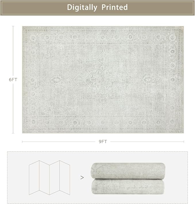 6x9 Washable Area Rugs for Living Room, Dining Room | Neutral, Ultra Soft Faux - Image 2