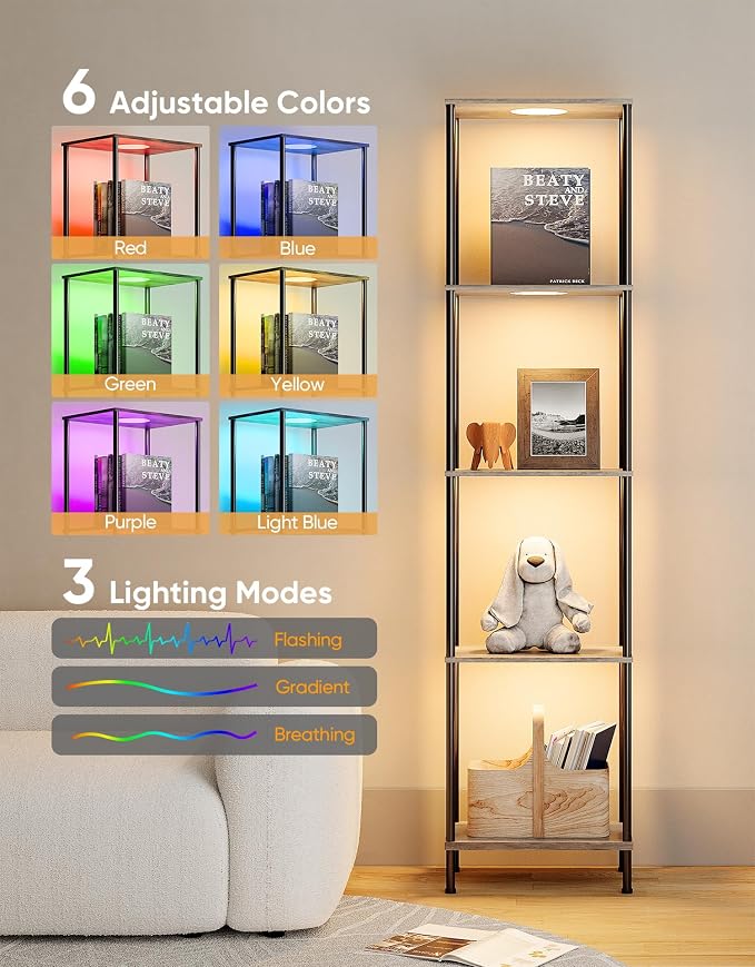 Display Shelf with RGBW Light, Color Changing Curio Cabinet Floor Lamp with - Image 4