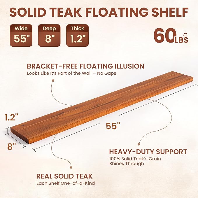 55" Solid Teak Floating Wall Shelf - Image 3