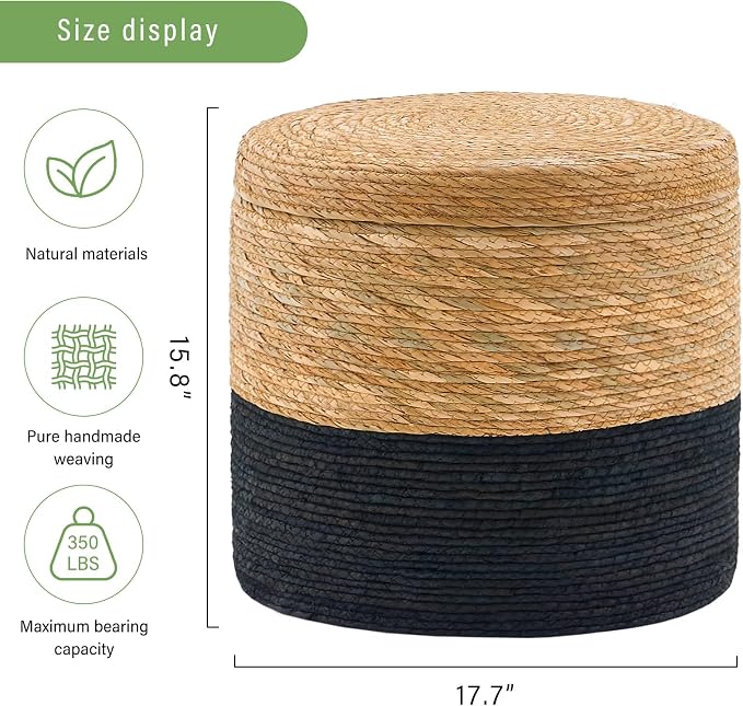 Wimarsbon Round Pouf Ottomans, Handwoven Natural Water Hyacinth Seagrass Pouffe - Image 3
