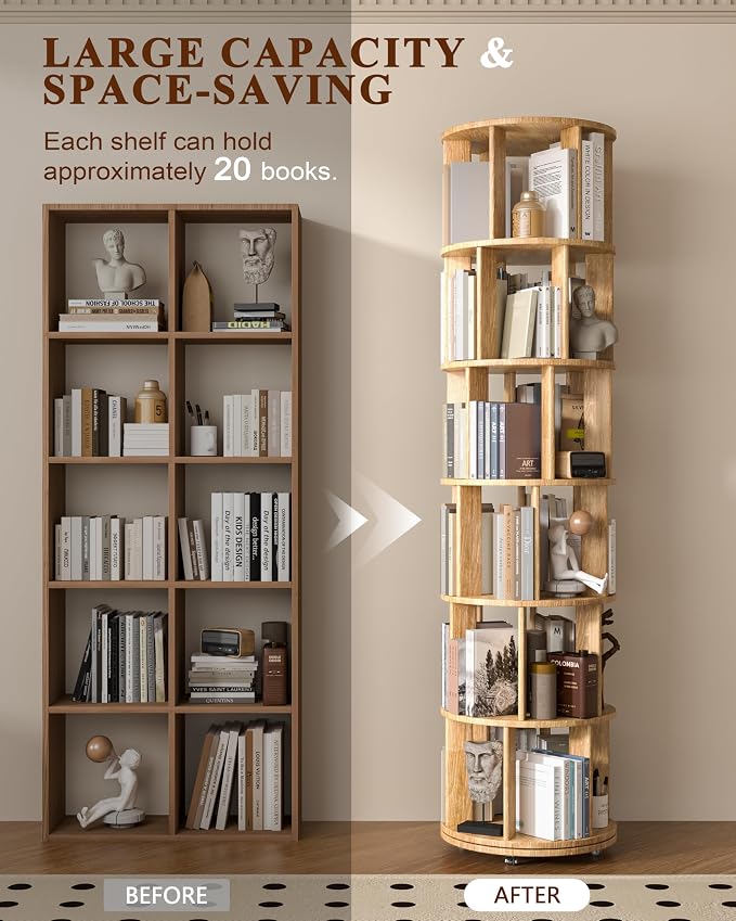 6-Tier Solid Wood Rotating Bookshelf on Wheels, 360° Spinning Book Shelf Tower - Image 3