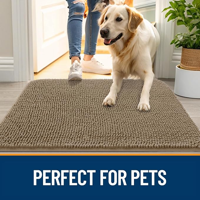 OLANLY Dog Door Mat for Muddy Paws 47x24, Super Absorbent Chenille Mud Mat | Tan - Image 6