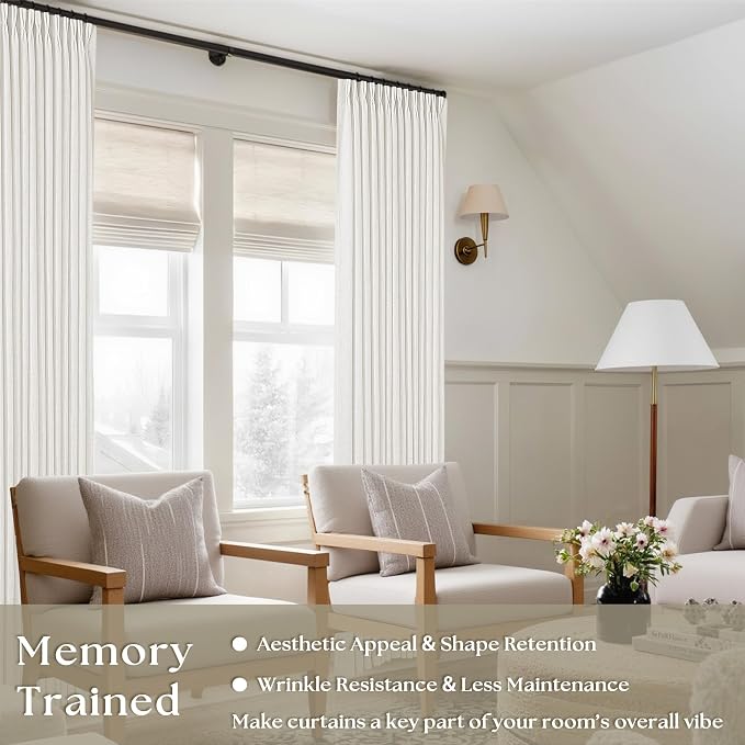 Beige White Pinch Pleated Linen Curtains 126 Inches Long 2 Panels | 400GSM - Image 2