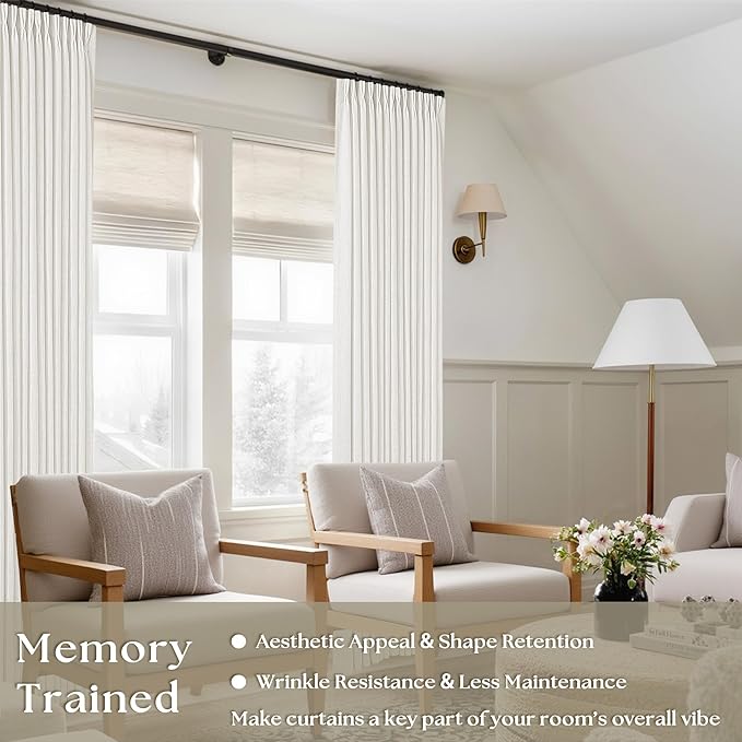 Beige White Pinch Pleated Linen Curtains 92 Inches Long 2 Panels | Memory - Image 2