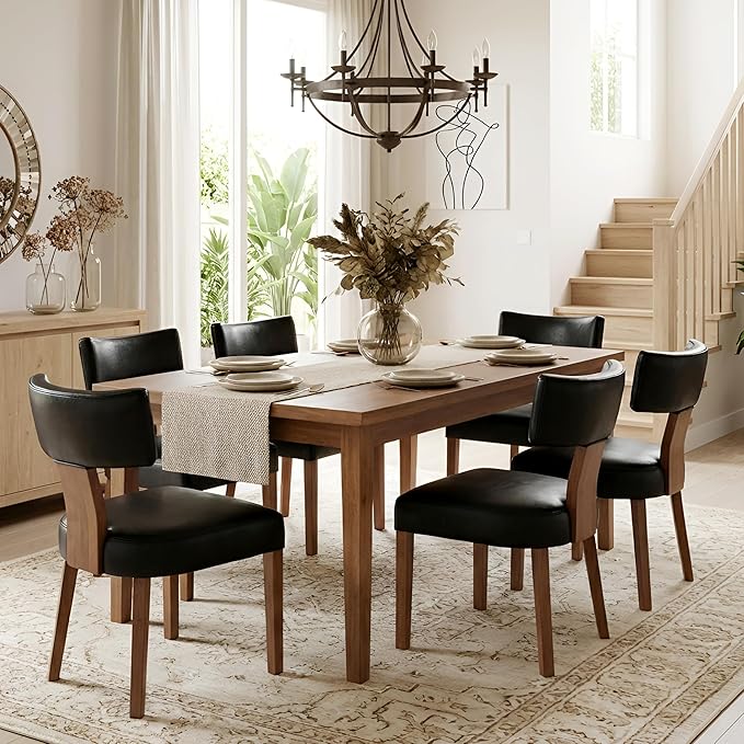 HNY Century Modern Dining Chairs Set of 6, Farmhouse PU Leather Upholstered by HNY