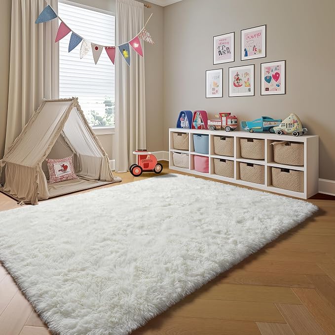 Cream White Area Rugs 9x12 Living Room, Ivory Large Fluffy Shag Bedroom Rug - Image 8
