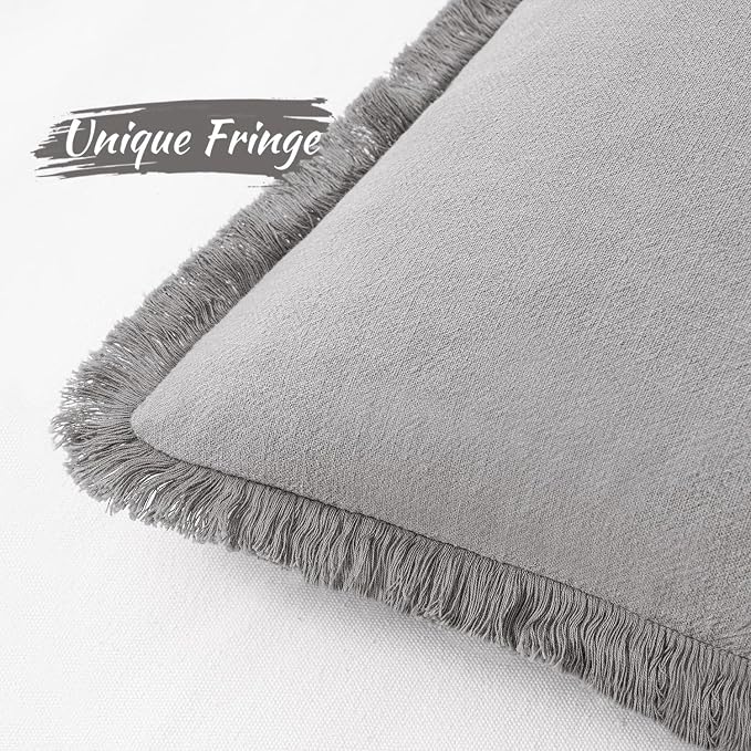 MIULEE Boho Linen Fringe Decorative Throw Pillow Covers Light Grey 18x18 | Set - Image 2