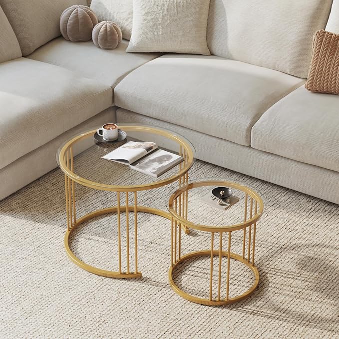 Garden 4 you Nesting Coffee Table, 23.6" Round Coffee Table Set of 2, Glass - Image 4