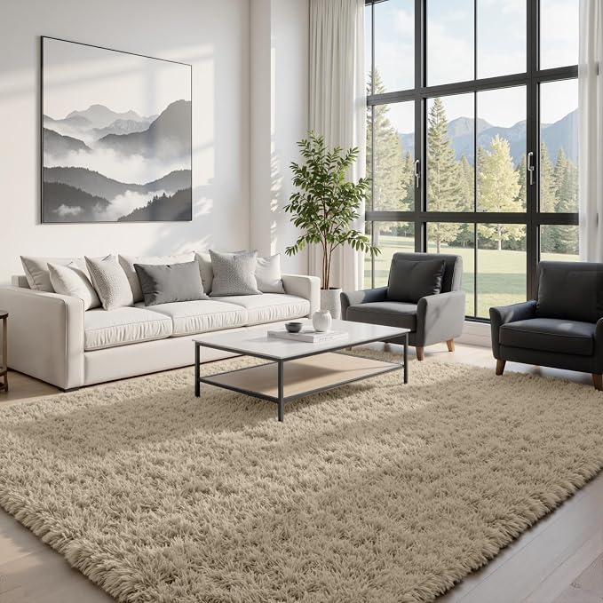 8x10 Fluffy Shag Area Rugs for Living Room Bedroom: Soft Carpet Gray Camel | by CarpetAddColortoYourLife