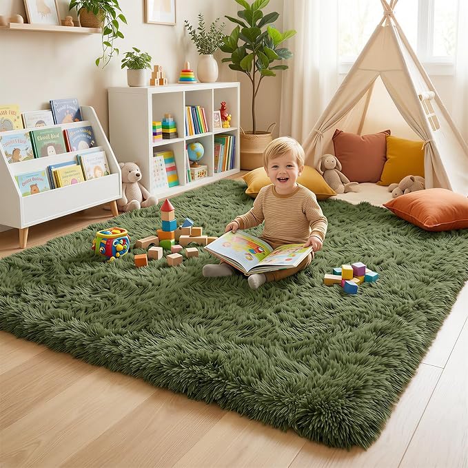 Amdrebio Olive Green Shaggy Area Rug 5x7 - Image 5