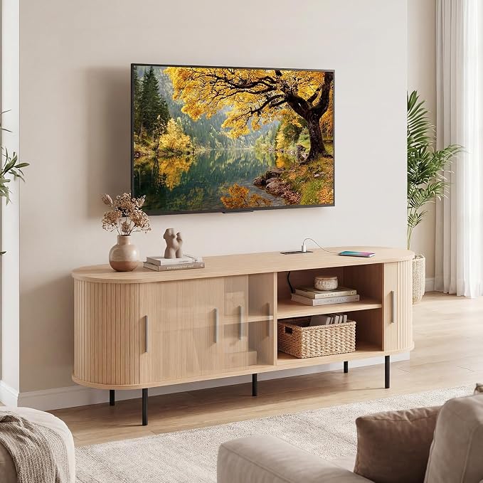 Tangkula Fluted TV Stand for TVs up to 60”, Mid Century Curved Entertainment - Image 2