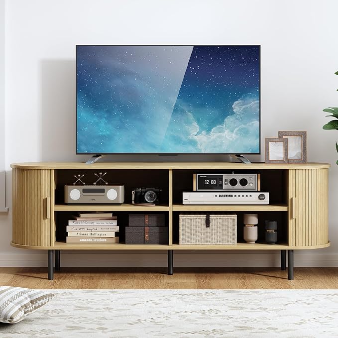 63" TV Stand with Power Outlet, Modern Media Console with Sliding Doors - Image 5