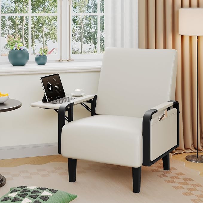 Andeworld Modern Beige Accent Chair, PU Leather Upholstered Armchair Side Chair - Image 9