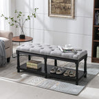 Farmhouse Storage Bench Wooden Entryway Linen Upholstered Ottoman Button Tufted - Image 5